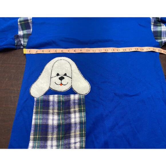 Vintage Lindsay Jordan Dog Applique Nightgown Blue Fleece Plaid Pocket Size - Picture 6 of 8